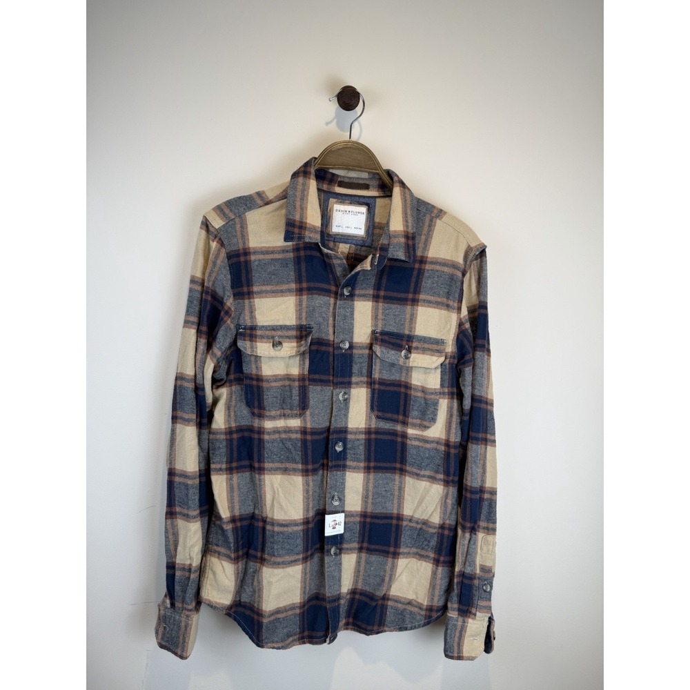 Denim & Flower Men's Flannel Plaid Button-Up Shirt Brown Blue Beige Gray Size L